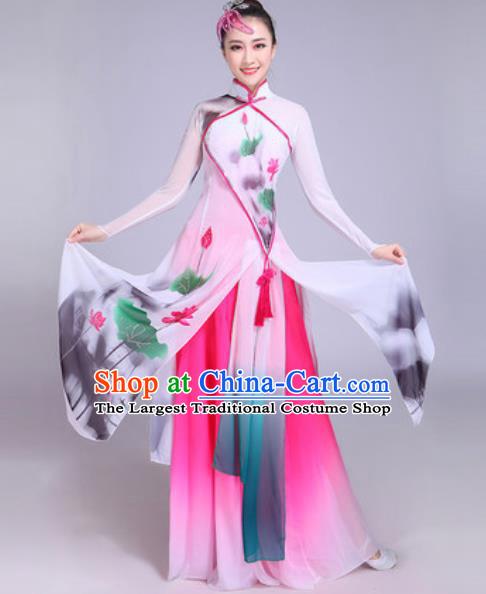 Chinese Classical Dance Printing Lotus Costumes Traditional Group Dance Umbrella Dance Dress for Women