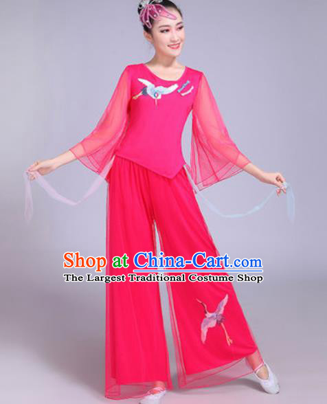 Chinese Traditional Yangko Dance Printing Cranes Costumes Folk Dance Fan Dance Pink Clothing for Women