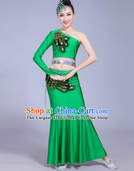 Traditional Chinese Dai Nationality Peacock Dance Costume Folk Dance Ethnic Pavane Green Dress for Women