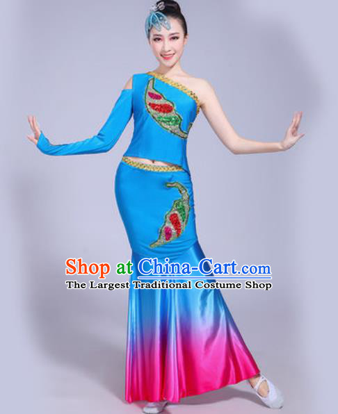 Traditional Chinese Dai Nationality Peacock Dance Costume Folk Dance Ethnic Pavane Blue Dress for Women