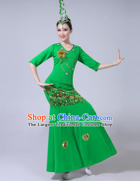 Chinese Ethnic Costumes Traditional Dai Nationality Peacock Dance Folk Dance Green Dress for Women