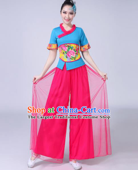 Traditional Chinese Yangko Dance Rosy Veil Costumes Folk Dance Fan Dance Clothing for Women