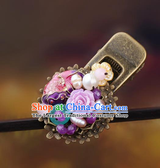 Chinese Traditional Hair Accessories National Hanfu Purple Flowers Pearls Hair Claw for Women