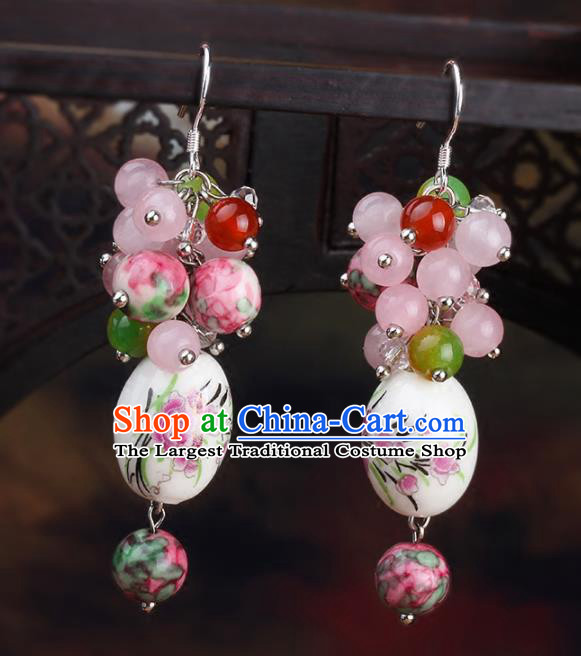 Chinese Yunnan National Classical Ceramics Earrings Traditional Hanfu Ear Jewelry Accessories for Women