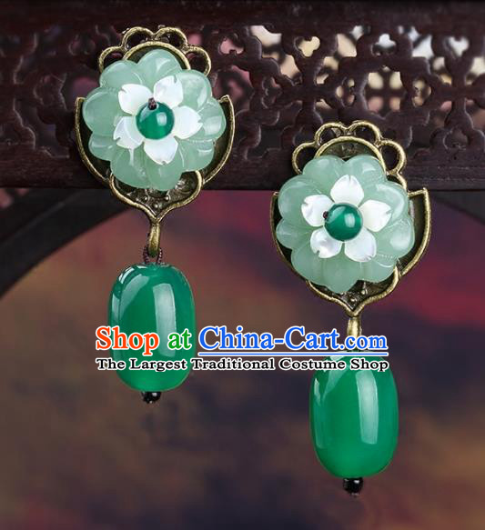 Chinese Yunnan National Classical Green Agate Earrings Traditional Hanfu Ear Jewelry Accessories for Women