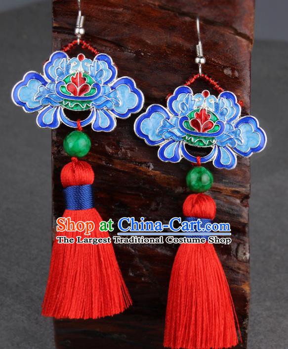 Chinese Yunnan National Classical Tassel Earrings Traditional Hanfu Blueing Lotus Ear Jewelry Accessories for Women