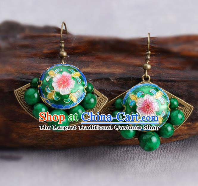 Chinese Yunnan National Cloisonne Green Earrings Traditional Classical Hanfu Ear Jewelry Accessories for Women