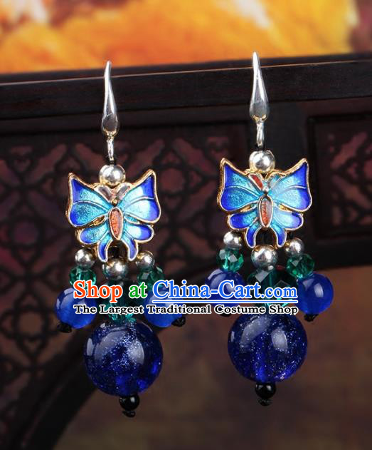 Chinese Yunnan National Classical Blueing Butterfly Earrings Traditional Ear Jewelry Accessories for Women