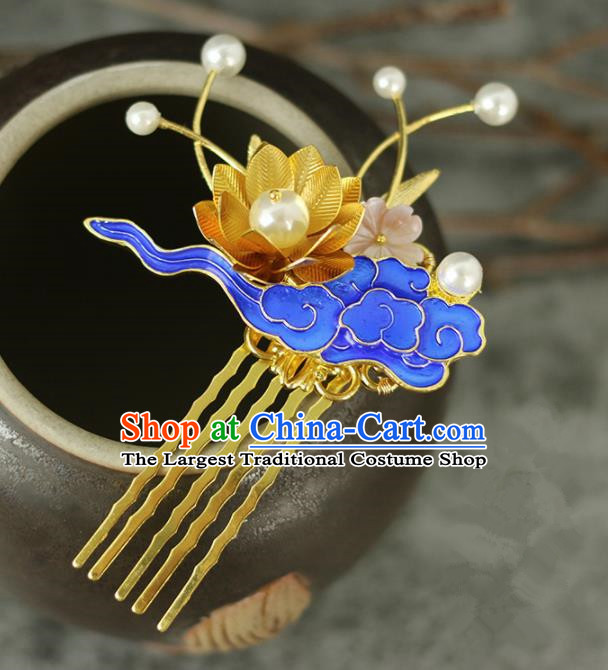 Handmade Chinese Traditional Blueing Lotus Hair Combs Traditional Classical Hanfu Hair Accessories for Women