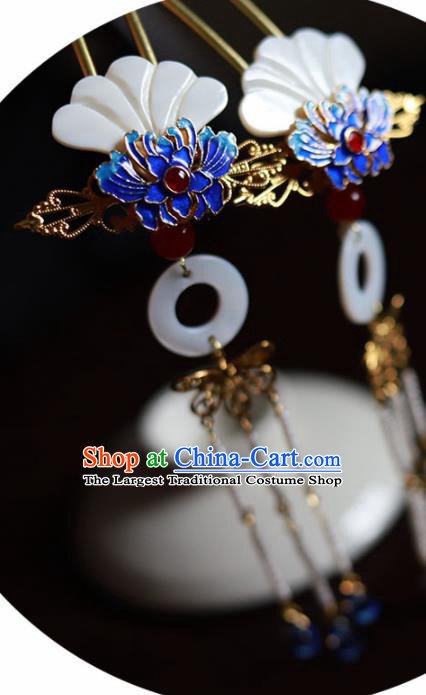 Handmade Chinese Traditional Blueing Lotus Shell Hairpins Ancient Classical Hanfu Hair Accessories for Women