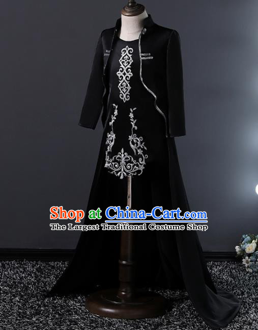 Children Modern Dance Costume Stage Performance Compere Black Full Dress for Girls Kids