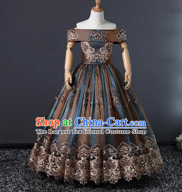 Children Stage Performance Costume Ballroom Dance Compere Brown Full Dress for Girls Kids