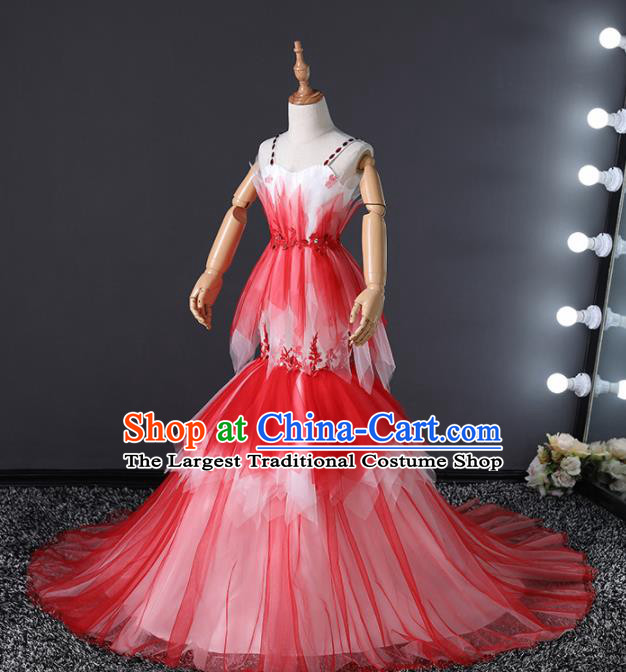 Children Stage Performance Catwalks Costume Ballroom Dance Compere Red Veil Full Dress for Girls Kids