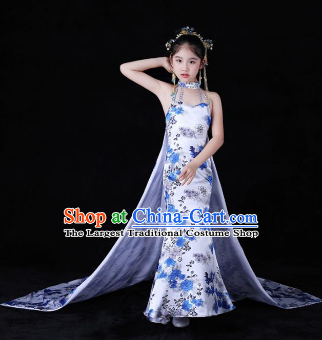 Children Stage Performance Catwalks Costume Chinese Dance Compere Full Dress for Girls Kids