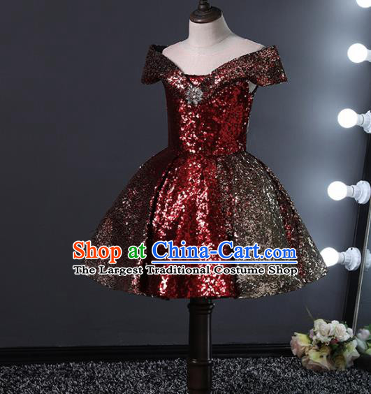 Children Stage Performance Catwalks Costume Ballroom Dance Compere Wine Red Bubble Dress for Girls Kids