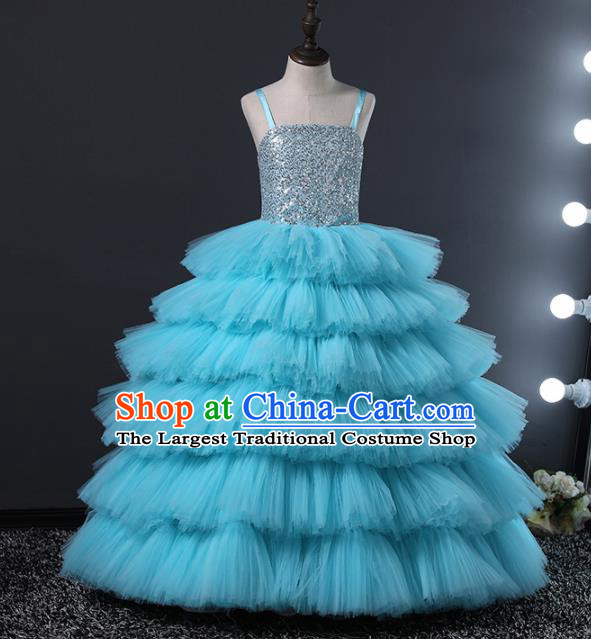 Children Stage Performance Catwalks Costume Ballroom Dance Compere Blue Veil Full Dress for Girls Kids