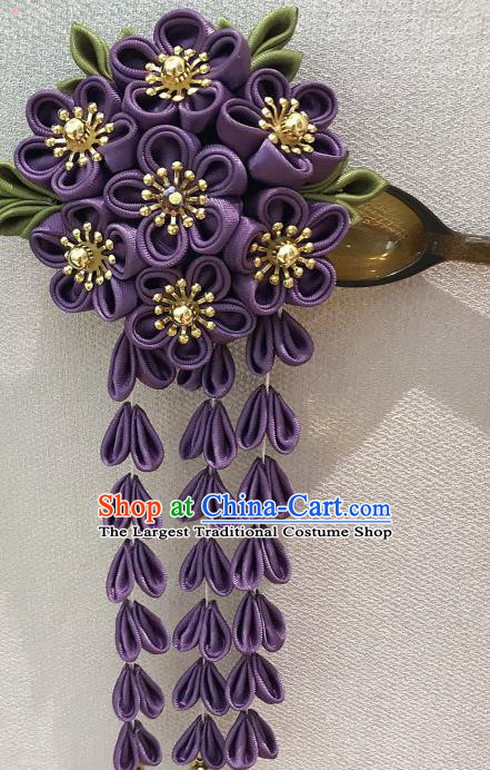 Japanese Traditional Handmade Purple Flowers Tassel Hairpins Asian Japan Classical Kimono Hair Accessories for Women