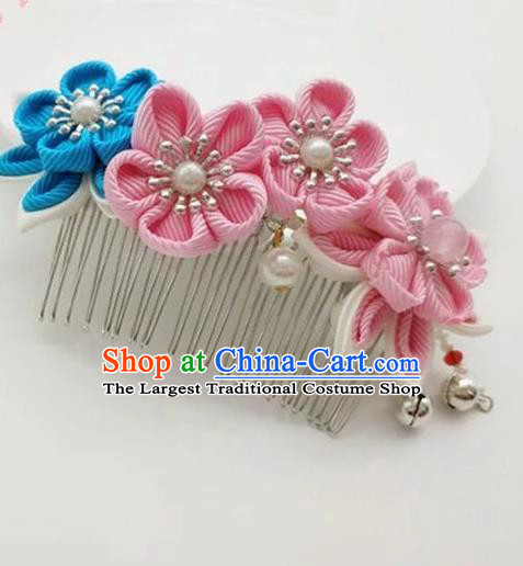 Asian Japanese Traditional Handmade Pink Flowers Hair Comb Japan Classical Kimono Hair Accessories for Women