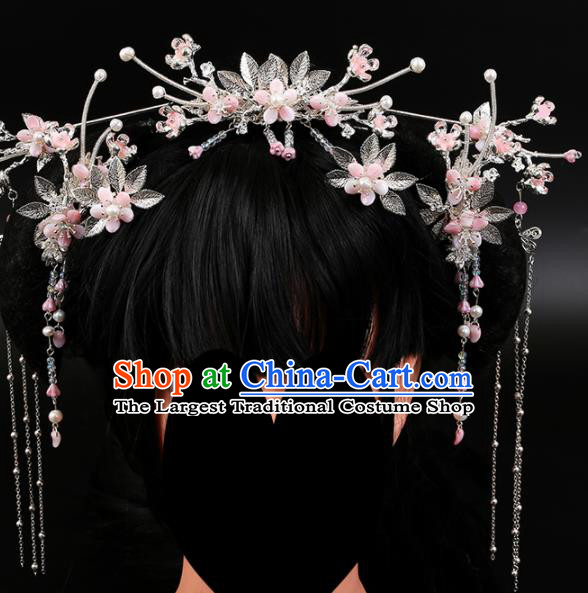 Chinese Ancient Traditional Hanfu Pink Flowers Phoenix Coronet Hairpins Handmade Classical Hair Accessories for Women