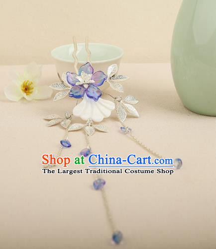 Chinese Ancient Traditional Hanfu Blue Flower Tassel Hairpins Handmade Classical Hair Accessories for Women