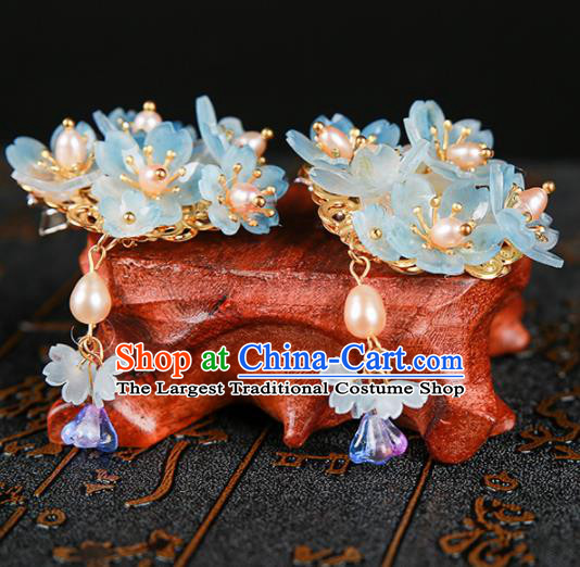 Chinese Ancient Traditional Hanfu Blue Flowers Hair Claws Handmade Classical Hair Accessories for Women