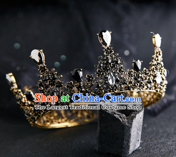 Handmade Top Grade Hair Accessories Baroque Black Round Royal Crown for Women