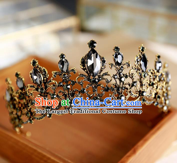 Handmade Top Grade Bride Hair Accessories Baroque Black Crystal Round Royal Crown for Women