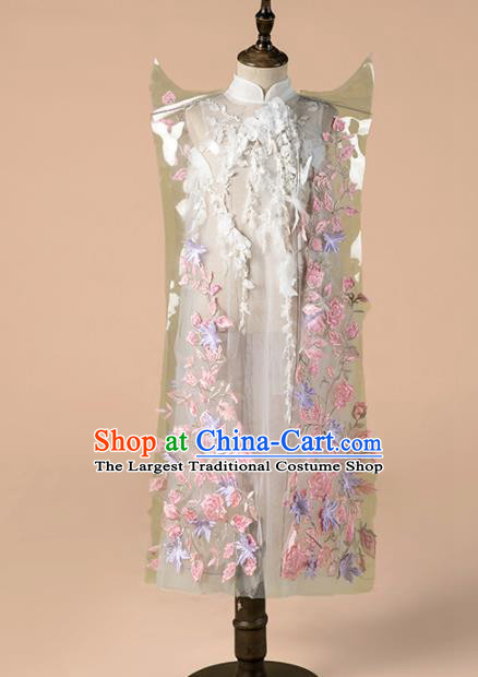 Children Catwalks Costume Girls Compere Modern Dance White Embroidered Full Dress for Kids