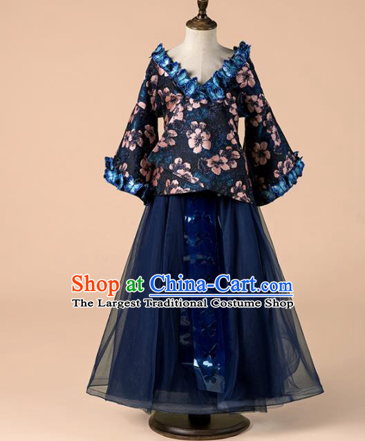 Children Catwalks Costume Girls Compere Modern Dance Navy Veil Full Dress for Kids