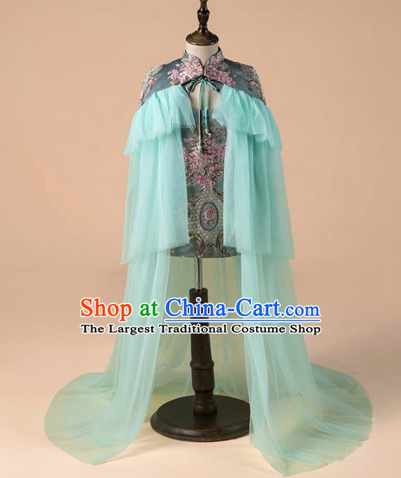 Children Catwalks Costume Chinese Girls Compere Modern Dance Green Veil Full Dress for Kids