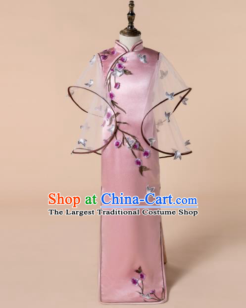 Children Princess Catwalks Costume Girls Compere Modern Dance Pink Qipao Dress for Kids