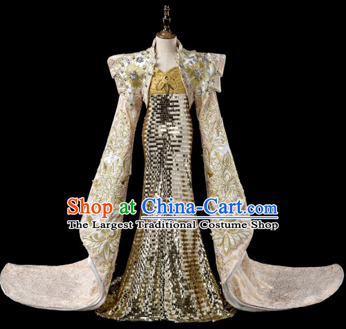 Children Princess Catwalks Costume Girls Compere Modern Dance Golden Full Dress for Kids