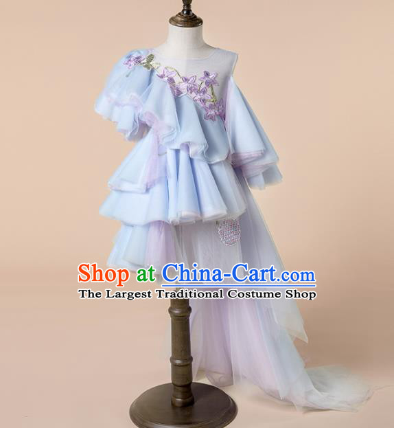 Children Princess Catwalks Costume Girls Compere Modern Dance Blue Veil Bubble Full Dress for Kids