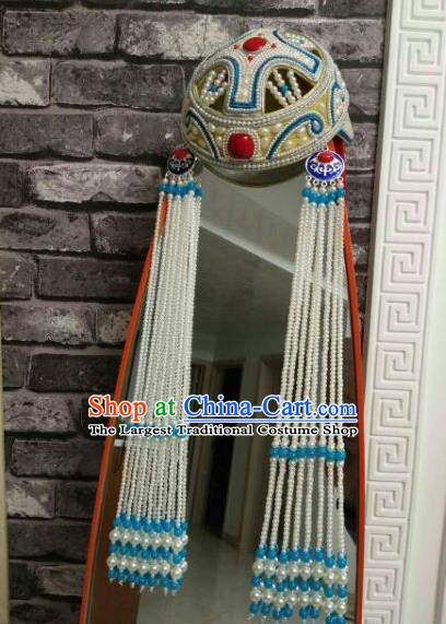Traditional Chinese Mongol Nationality Princess Hats Mongols Bride Folk Dance Blue Beads Tassel Hat for Women