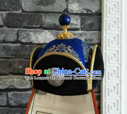 Traditional Chinese Mongol Nationality Hats Mongols Folk Dance Royalblue Hat for Men