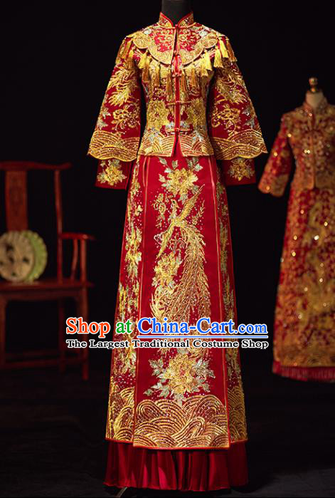 Chinese Traditional Wedding Costumes Ancient Bride Embroidered Diamante Xiuhe Suits Red Full Dress for Women