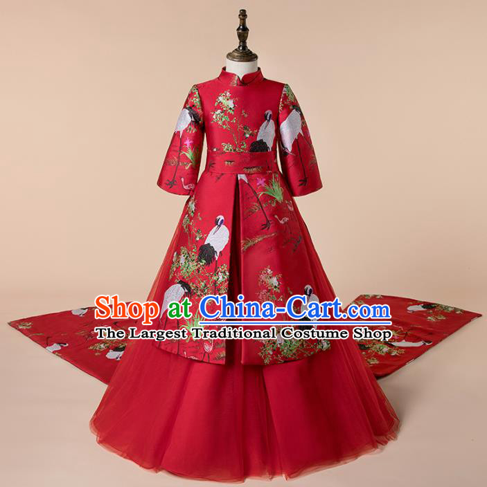 Children Catwalks Costume Chinese Girls Compere Modern Dance Red Cheongsam Full Dress for Kids