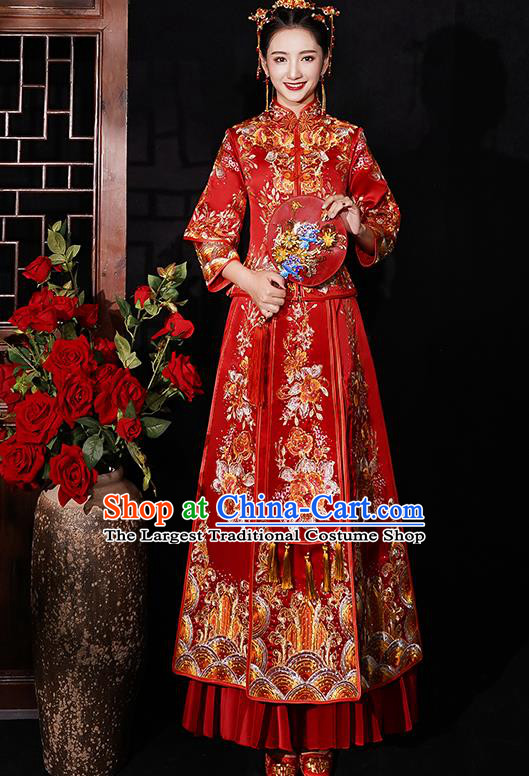 Chinese Traditional Wedding Costumes Bride Embroidered Peony Red Xiuhe Suits Ancient Full Dress for Women