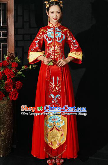 Chinese Traditional Wedding Costumes Bride Toast Xiuhe Suits Ancient Embroidered Lotus Full Dress for Women