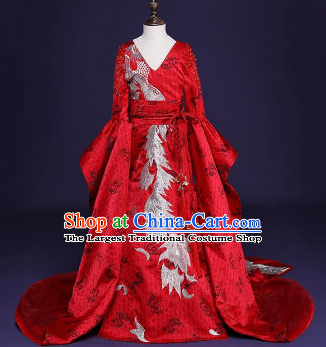 Chinese Children Catwalks Costume Girls Compere Modern Dance Red Trailing Full Dress for Kids