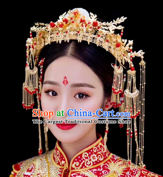 Chinese Ancient Traditional Hanfu Hairpins Handmade Bride Jade Phoenix Coronet Classical Hair Accessories for Women