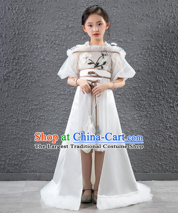 Children Stage Performance Catwalks Costume Compere Princess White Trailing Full Dress for Girls Kids