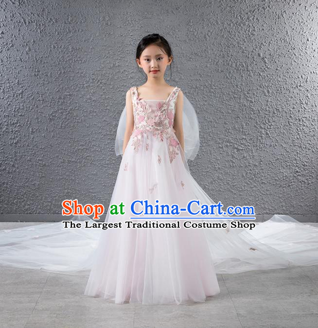 Children Stage Performance Catwalks Costume Compere Princess Pink Veil Trailing Full Dress for Girls Kids