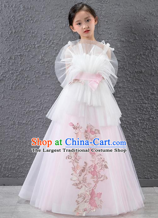 Children Stage Performance Catwalks Costume Compere Princess Pink Veil Full Dress for Girls Kids