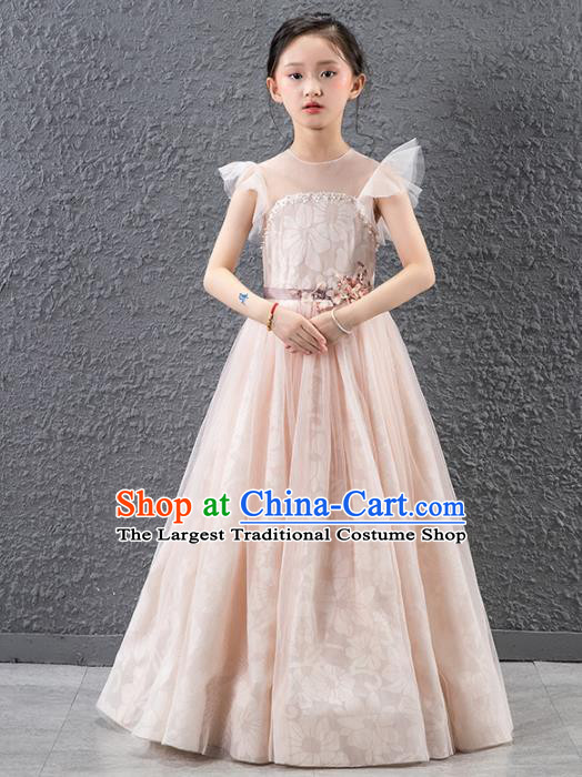 Children Catwalks Stage Performance Costume Compere Princess Pink Full Dress for Girls Kids