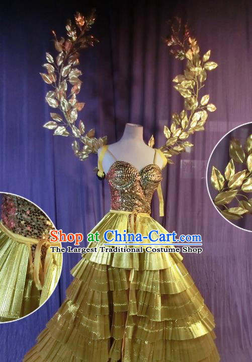 Halloween Cosplay Nun Stage Show Costumes Brazilian Carnival Parade Golden Dress and Wings for Women