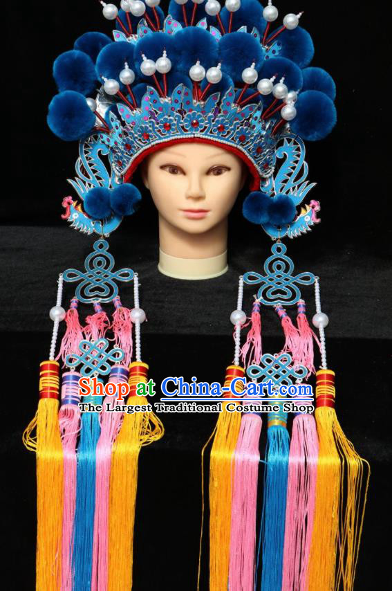 Chinese Traditional Peking Opera Phoenix Coronet Beijing Opera Diva Royalblue Venonat Headwear for Women