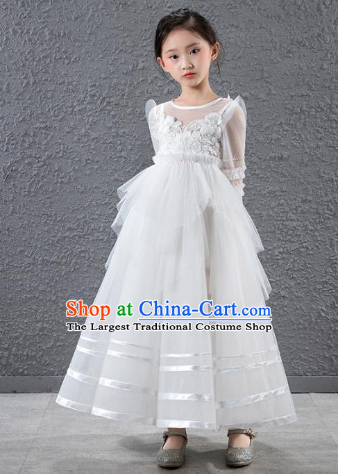 Children Catwalks Stage Performance Costume Compere Flowers Fairy White Veil Full Dress for Girls Kids