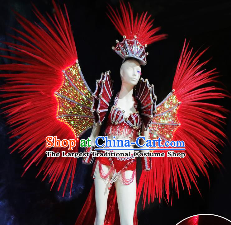 Halloween Stage Show Red Feather Samba Costumes Brazilian Carnival Parade Swimsuit and Wings for Women