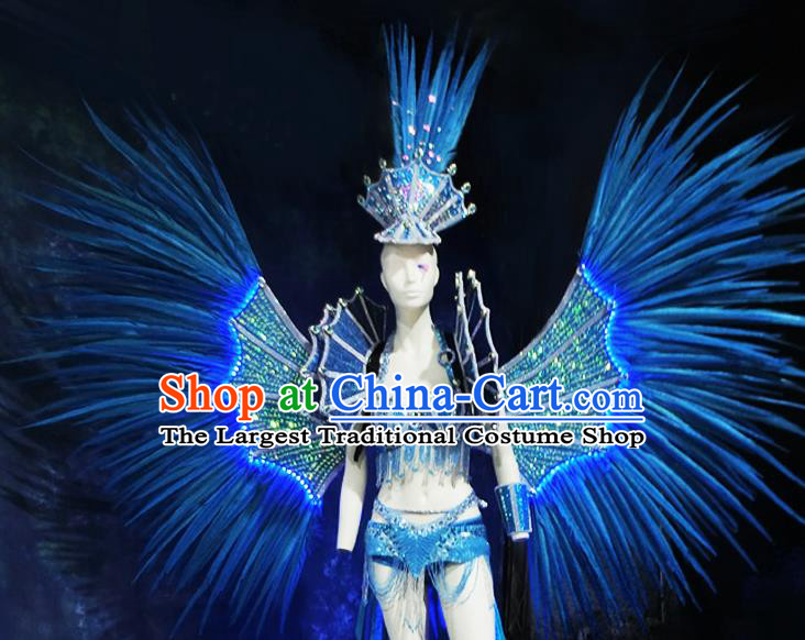 Halloween Stage Show Blue Feather Samba Costumes Brazilian Carnival Parade Swimsuit and Wings for Women